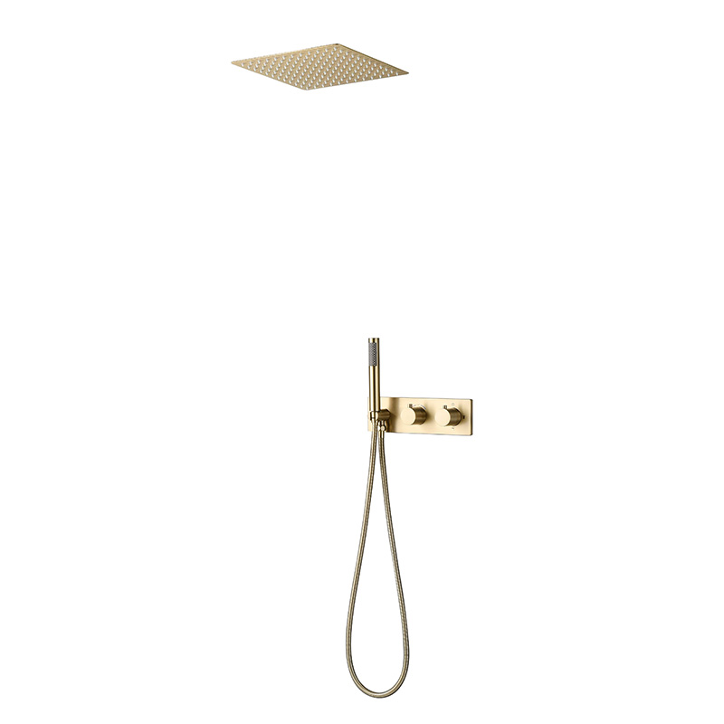 OUBAO Deckenmontage-Duschgarnitur Kopf quadratisch in gebürstetem Gold mit Handbrause