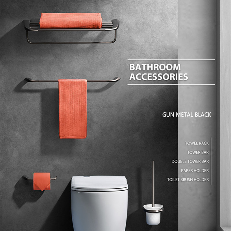 OUBAO Luxuriöses 5-in-1-Badezimmer-Zubehör-Set aus poliertem Gun-Metal zur Wandmontage